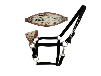 Showman Nylon bronc halter with hair on cowhide and copper flower concho accents