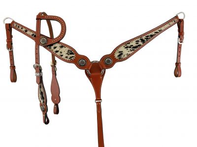 Showman Black and White hair on cowhide Single Ear Headstall and Breast Collar Set