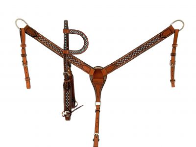 Showman Argentina medium oil cow leather Headstall &amp; BC Set with turquoise and silver dots