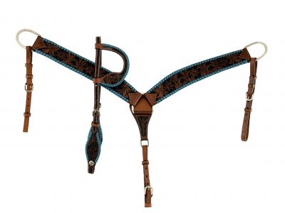 Showman Argentina medium oil cow leather Headstall &amp; BC Set with turquoise lacing