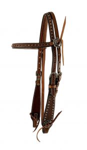 Showman Browband Argentina medium oil cow leather headstall with basket weave tooling and silver dots