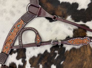 Showman Floral tooled design one ear bridle and breast collar set with buck stitching and teal underlay #2