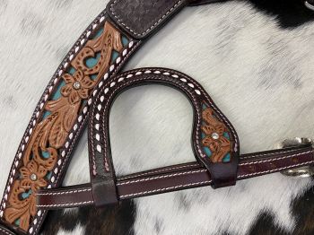 Showman Floral tooled design one ear bridle and breast collar set with buck stitching and teal underlay #3