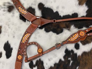 Showman Painted Floral and Feather design one ear bridle and breast collar set with silver and rhinestone bead accents #2