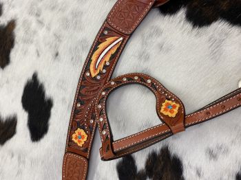 Showman Painted Floral and Feather design one ear bridle and breast collar set with silver and rhinestone bead accents #3