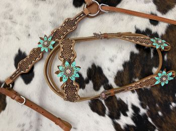 Showman Hand Painted Leather 3D Teal&#47;Brown Flowers on Brow band Headstall and Breast collar Set #2