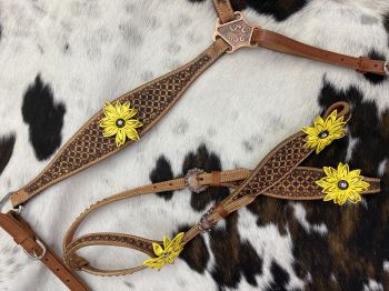 Showman Hand Painted 3D leather Sunflower One Ear Headstall and Breast collar Set #2