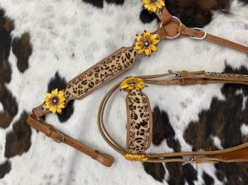 Showman Cheetah Inlay Headstall and Breast collar Set with 3D leather painted sunflower accents #2