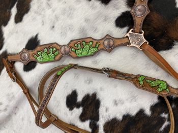 Showman Hand Painted Cactus Brow band Headstall and Breast collar Set #2