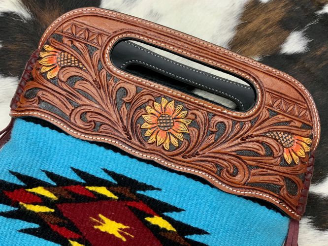Showman Saddle blanket handbag with genuine leather floral tooled handle with painted sunflower motif #2