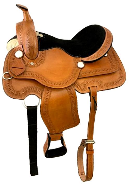 16" Economy style saddle with smooth finish and zig zag tooled border