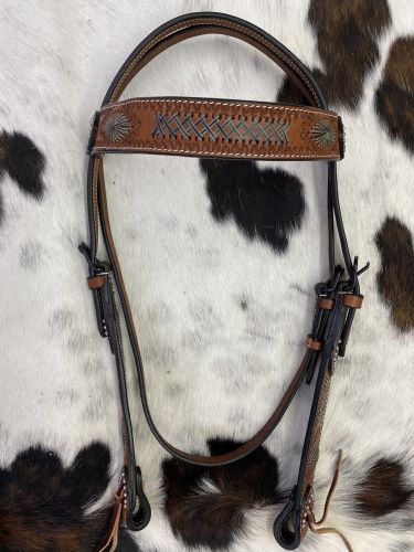 Showman Argentina Cow Leather Browband headstall with black rawhide accents design #2