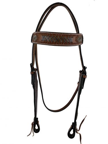 Showman Argentina Cow Leather Browband headstall with black rawhide accents design