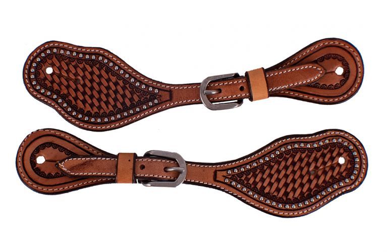 Showman Men's Argentina Cow Leather Spur Straps with Basketweave Tooling and Silver Studs