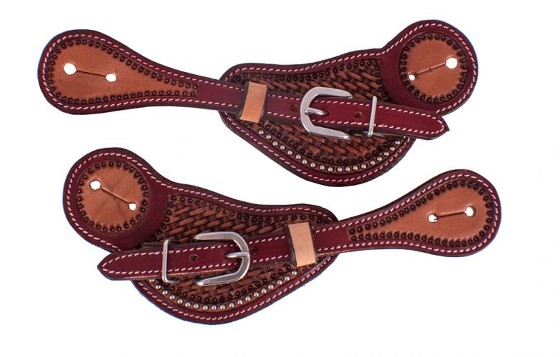 Showman Men's Two Toned Argentina Cow Leather Spur Straps with Basketweave Tooling