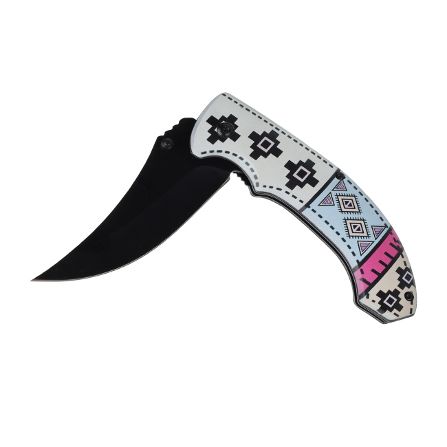 Tribal Runes Assist Open Pocket Knife with Belt Clip