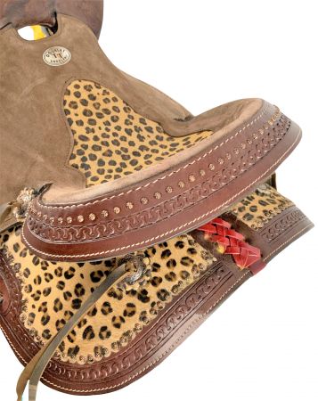 14", 15", 16" Double T Hard Seat Barrel style saddle with Cheetah Seat and leather tassels #2