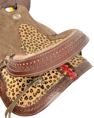 14", 15", 16" Double T Hard Seat Barrel Style Saddle with Cheetah Seat and Leather Tassels #2