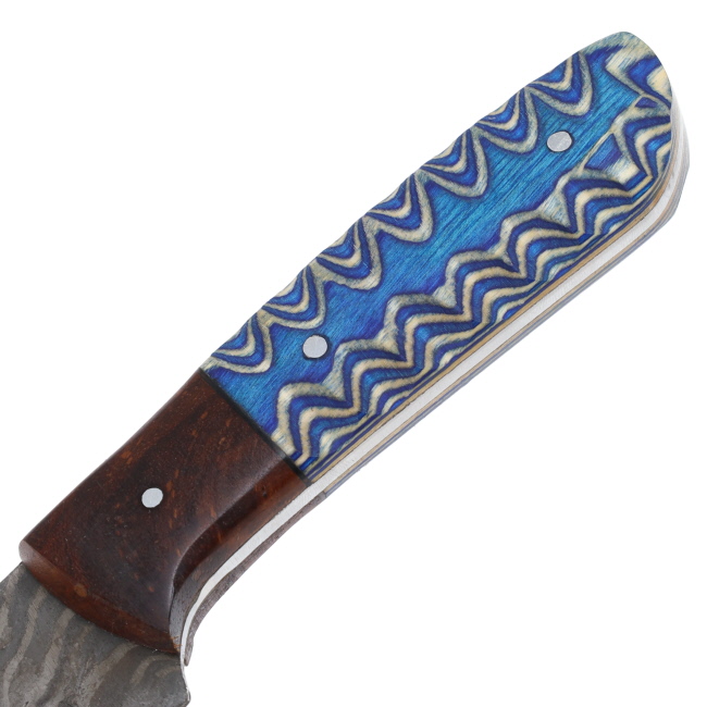 Lariat Scout - Hand-Forged Damascus Skinning Knife with Jiggered Blue Wood Handle #3