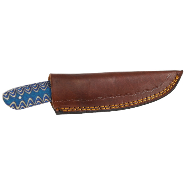 Lariat Scout - Hand-Forged Damascus Skinning Knife with Jiggered Blue Wood Handle #5