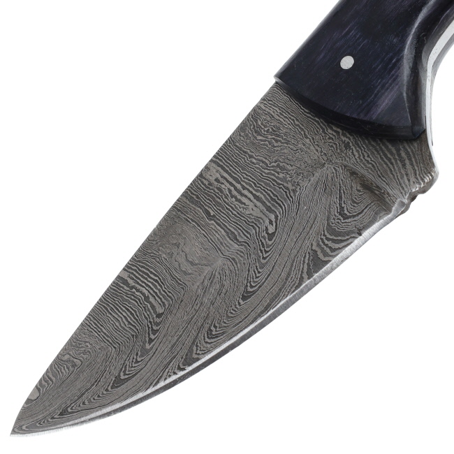 Lariat Nightfall - Hand-Forged Damascus Skinning Knife with Black Horn & Blue Pakka Wood Handle #2