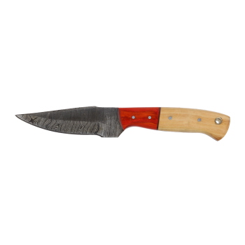 Lariat Trailboss - Hand-Forged Damascus Skinning Knife with Olive & Red Pakka Wood Handle