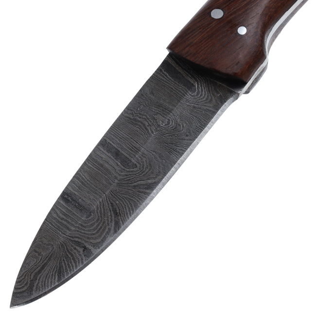 Lariat Dustcutter - Hand-Forged Damascus Spearpoint Knife with Camel Bone, Brown & Black Wood Handle #2