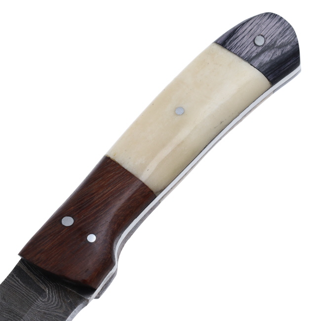 Lariat Dustcutter - Hand-Forged Damascus Spearpoint Knife with Camel Bone, Brown & Black Wood Handle #3