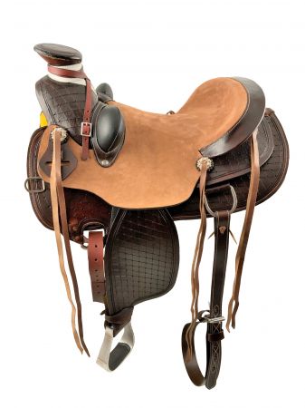 16", 17" Wade Style Economy Roping Saddle Set with basket weave tooling. Comes with Matching HS&#47;BC Set with reins #2