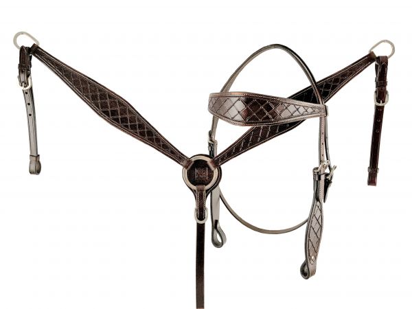 16", 17" Wade Style Economy Roping Saddle Set with basket weave tooling. Comes with Matching HS&#47;BC Set with reins #4