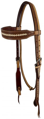 Showman Two-Tone Argentina cow leather headstall with Zig Zag Tooling and rawhide accent #2