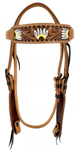 Showman Argentina cow leather browband headstall with hand painted sunflowers