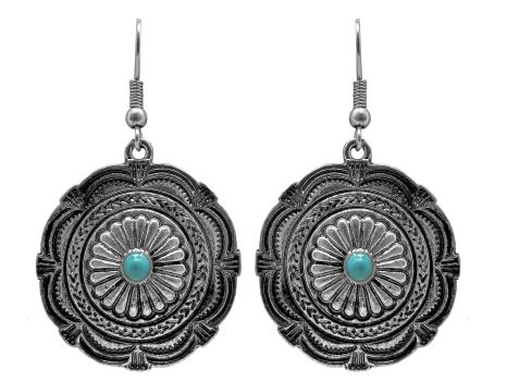 Round silver concho earring with turquoise accent
