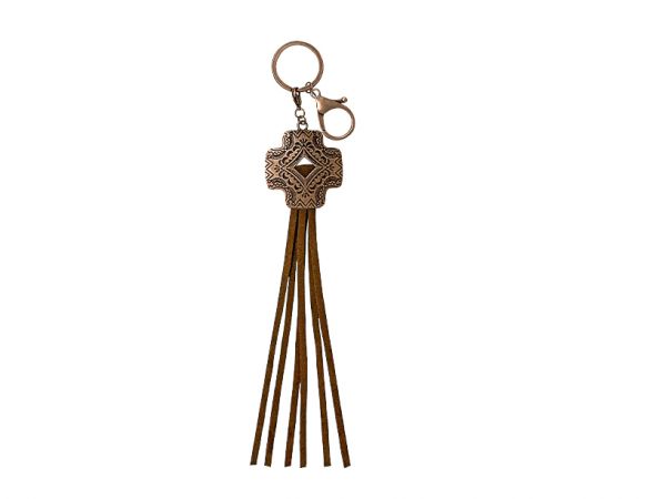Copper Cross Keychain with Brown Fringe