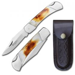 Folding bone handle pocket knife with leather sheath