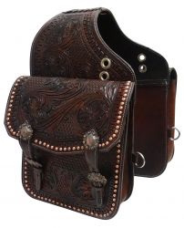 Showman Tooled dark oil leather saddle bag with engraved antique bronze conchos and buckles