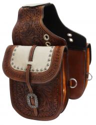 Showman Tooled leather saddle bag with hair-on cowhide overlay
