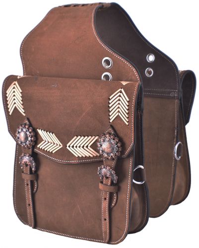 Showman Brown Roughout Leather saddle bag with rawhide arrow inlays