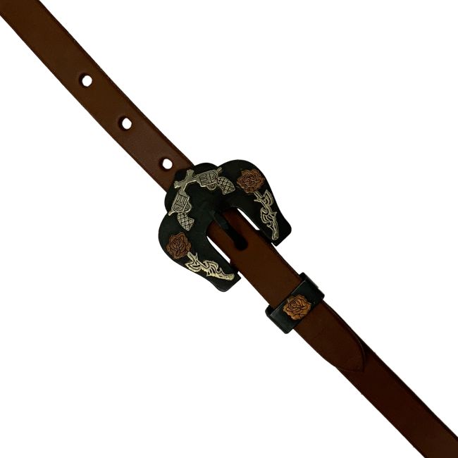Showman Oiled Harness Single Ear Headstall With Guns and Roses Buckle #2