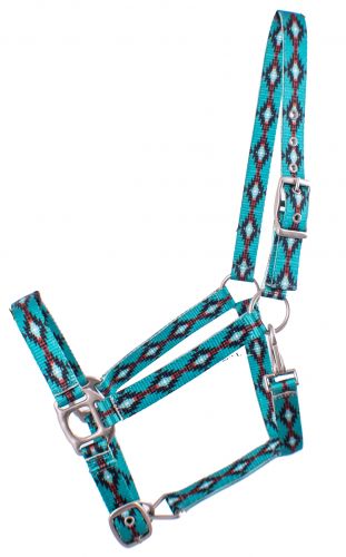 Showman Premium Nylon Horse Sized Halter with Turquoise and Brown Navajo design. AVERAGE HORSE SIZE 800-1100LBS
