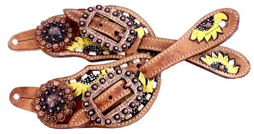 Showman Ladies Hand painted sunflower spur straps with copper hardware