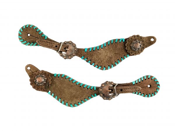 Showman Ladies Leather spur straps with teal whip stitch trim