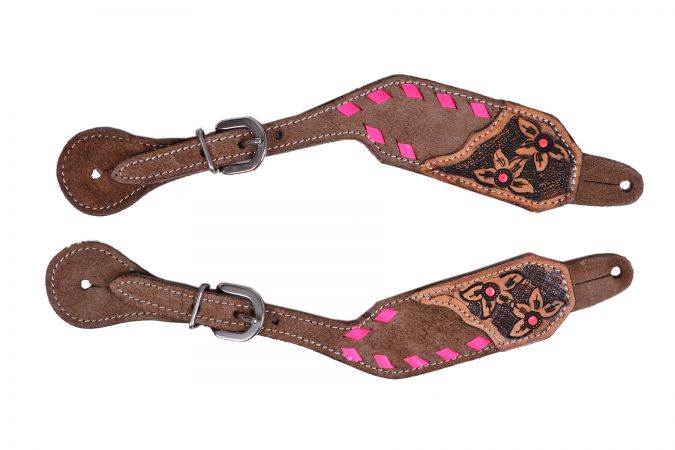 Showman Ladies Chocolate Rough Out Leather spur straps with Pink buck stitch trim