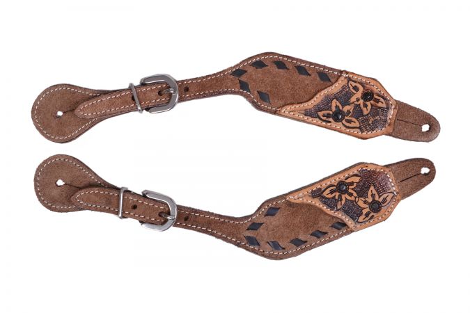 Showman Ladies Chocolate Rough Out Leather spur straps with Black buck stitch trim