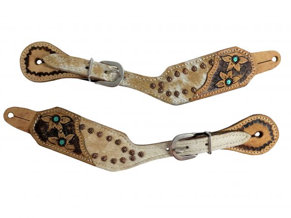 Showman Ladies Cowhide spur straps with painted teal accent