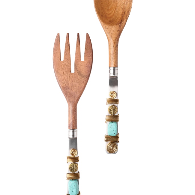 Tiramisu Turquoise Wooden Salad Server Set #2