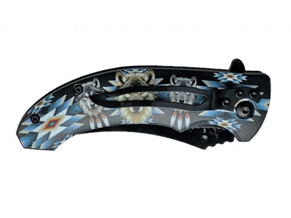 8" Knife with blue Aztec pattern and wolves on handle #2