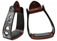 Showman Angled Black Aluminum Stirrups with Silver Engraving and Cut Out Poker Suit Designs