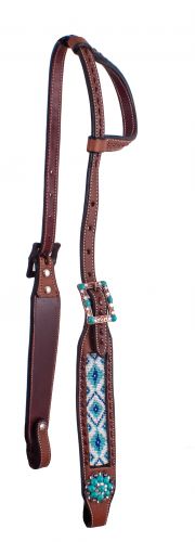 Showman Beaded one ear Argentina cow leather headstall with rhinestone conchos