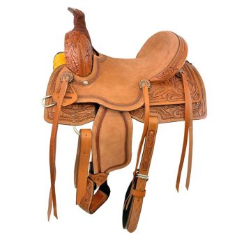 Youth Roping Style Western Hard Seat Saddle with Floral Tooling - 13 Inch